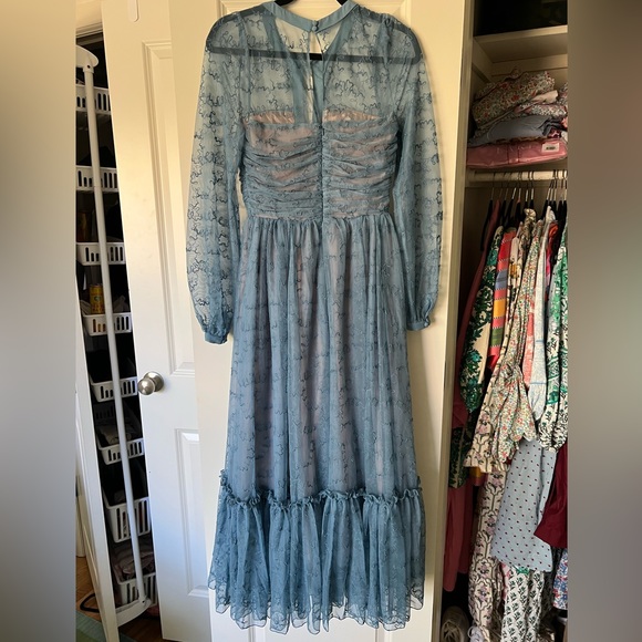 Worn once! SALONI Camille bow-embellished blue embroidered tulle midi dress. - Picture 4 of 7